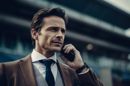 Handsome businessman talking on mobile phone outdoors. Handsome man in formalwear using mobile phone outdoors.の素材