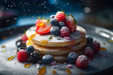 Pancakes with fresh berries and maple syrup on a plate.の素材