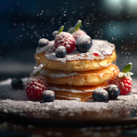 Pancakes with fresh berries and powdered sugar on a dark backgroundの素材