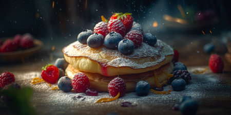 Pancakes with fresh berries and sugar powder on a wooden backgroundの素材