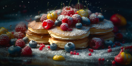 Pancakes with berries and powdered sugar on a dark background.の素材