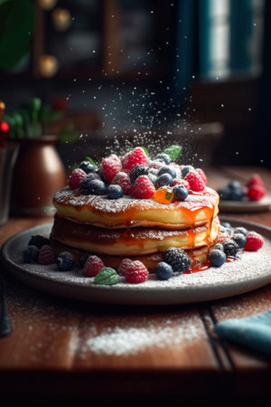 Pancakes with raspberries and blueberries, sprinkled with powdered sugarの素材