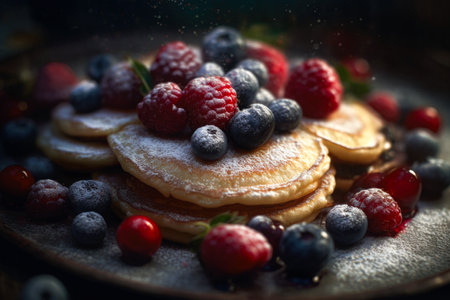 Pancakes with fresh berries and maple syrup. selective focus.の素材