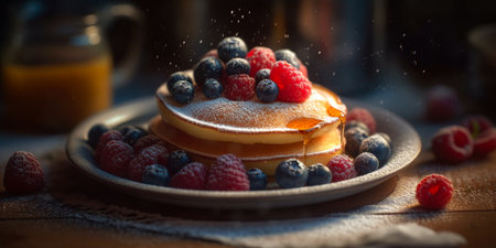 Pancakes with berries on a wooden table. selective focus.の素材
