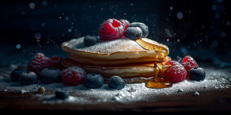 Pancakes with fresh raspberries, blueberries and powdered sugar. selective focusの素材