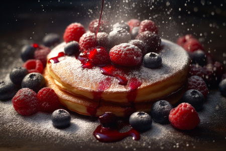 Pancakes with raspberries and blueberries on a dark backgroundの素材