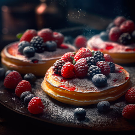 Pancakes with fresh berries and powdered sugar. selective focus.の素材
