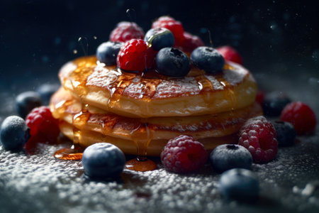Pancakes with fresh berries and maple syrup on a dark backgroundの素材