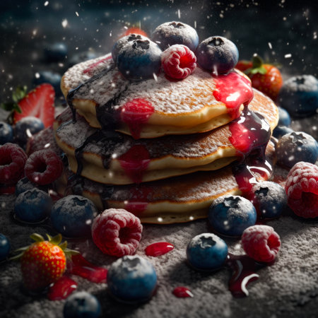 Pancakes with fresh berries and powdered sugar on a dark backgroundの素材