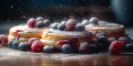 Pancakes with berries and powdered sugar on a wooden table.の素材