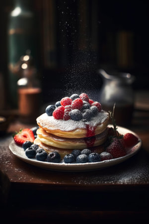 Pancakes with fresh berries and powdered sugar on a wooden tableの素材