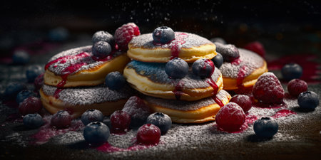 Pancakes with berries and powdered sugar on a dark background.の素材