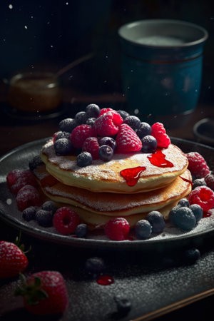 Pancakes with raspberries and blueberries on a dark backgroundの素材