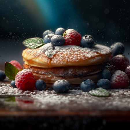 Pancakes with fresh berries and powdered sugar on a dark backgroundの素材