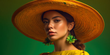 Portrait of a beautiful young woman in a straw hat on a green background.の素材