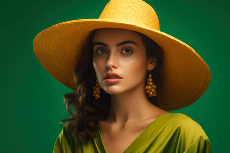 Portrait of beautiful young woman in hat and green dress on green backgroundの素材