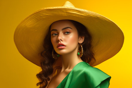Beautiful young woman in hat and green dress on yellow background.の素材