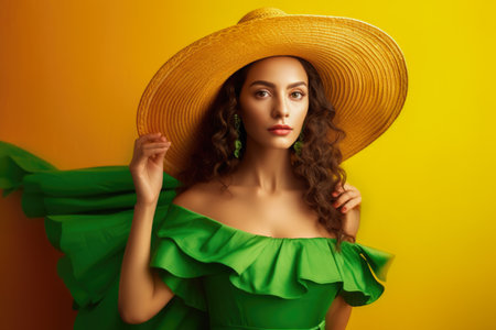 Beautiful young woman in green dress and straw hat on yellow backgroundの素材
