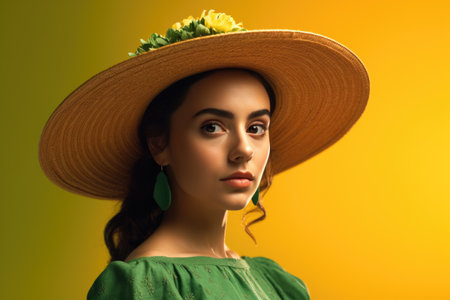 beautiful young woman in hat and green dress looking at camera on yellowの素材
