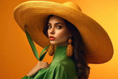 Fashionable young woman in hat and green dress on orange backgroundの素材