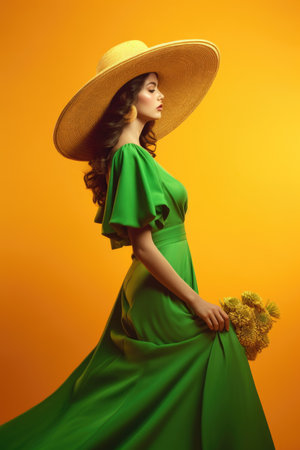 Beautiful young woman in green dress and straw hat with flowers.の素材