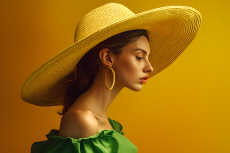Fashion portrait of young beautiful woman in hat on yellow background.の素材