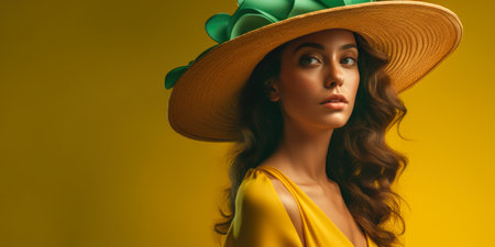 beautiful girl in hat and yellow dress looking away isolated on yellowの素材