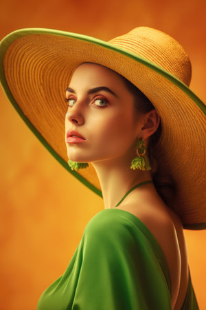 Portrait of beautiful young woman in hat and green dress. beauty, fashion.の素材