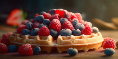 Belgian waffles with fresh berries on wooden table, closeupの素材