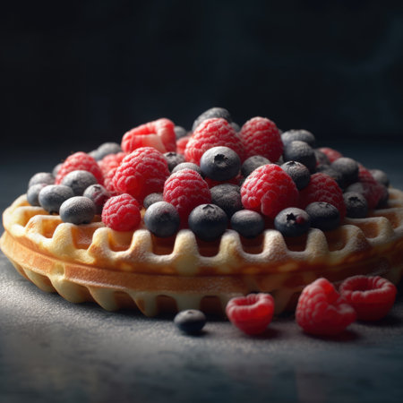 Delicious waffle with berries on a dark background. Toned.の素材