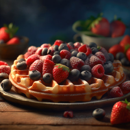 Belgian waffles with fresh berries on wooden table, selective focusの素材