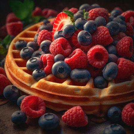 Delicious waffles with fresh berries on rustic background, closeupの素材