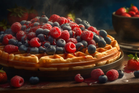 Delicious waffles with fresh berries on a wooden table. selective focus.の素材