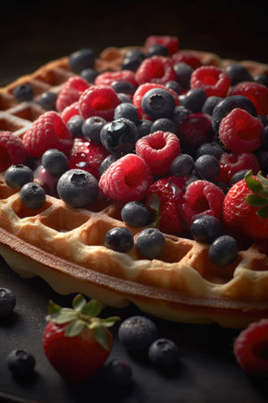 Belgian waffles with fresh berries on a black plate, selective focusの素材
