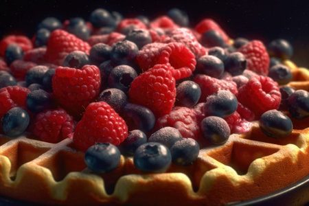 Closeup of fresh berries on a waffle. Toned.の素材