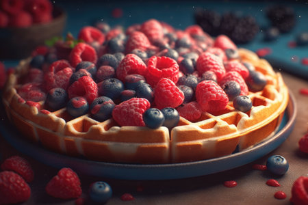Tasty waffles with fresh berries on wooden table, closeupの素材