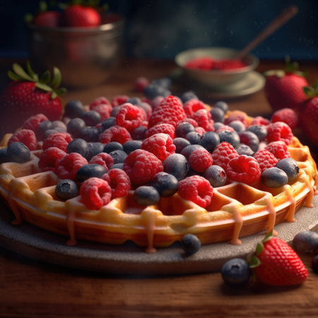 Belgian waffles with fresh berries and honey on wooden background.の素材