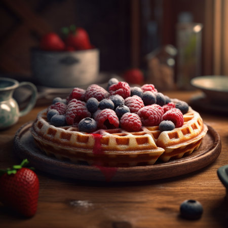 Waffles with fresh berries on a wooden table, selective focus.の素材