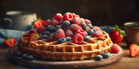 Belgian waffles with fresh berries on wooden table, closeupの素材