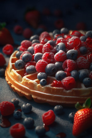 Delicious waffles with fresh berries on dark background, closeupの素材