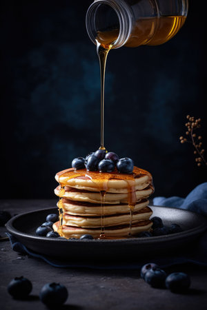 Pancakes with blueberries and maple syrup on a dark backgroundの素材