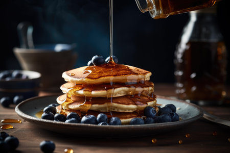 Pancakes with blueberries and maple syrup on a wooden tableの素材