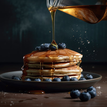 Pouring maple syrup on a stack of pancakes with blueberries and maple syrupの素材
