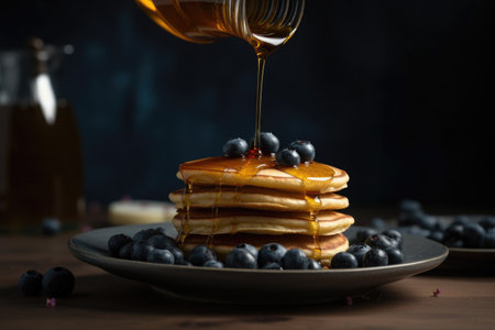 Pouring honey on a stack of pancakes with blueberries and maple syrupの素材