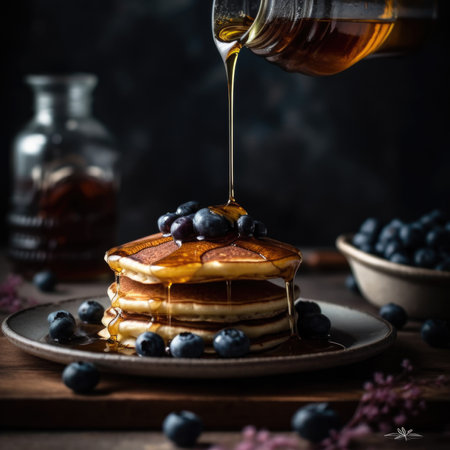 Pancakes with blueberries and honey on a dark background.の素材