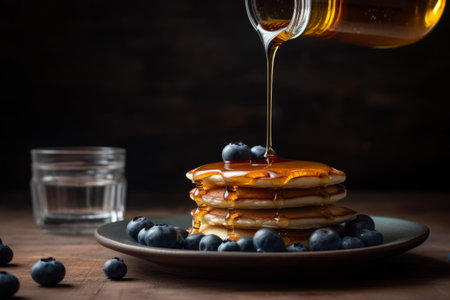 Pancakes with blueberries and maple syrup on a wooden tableの素材