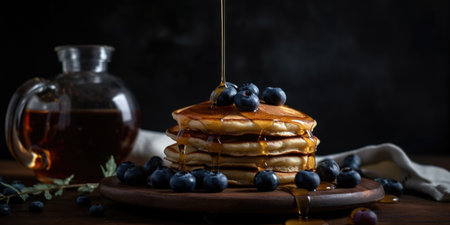 Pancakes with blueberries and maple syrup on a wooden backgroundの素材