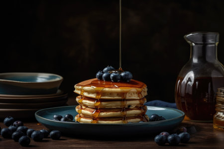 Pancakes with blueberries and maple syrup on a dark backgroundの素材