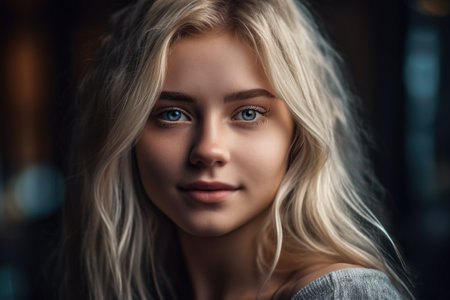 Portrait of a beautiful young woman with blond hair and blue eyesの素材