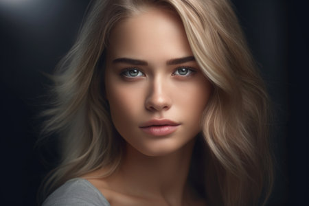 Portrait of beautiful young woman with blond hair on black background.の素材